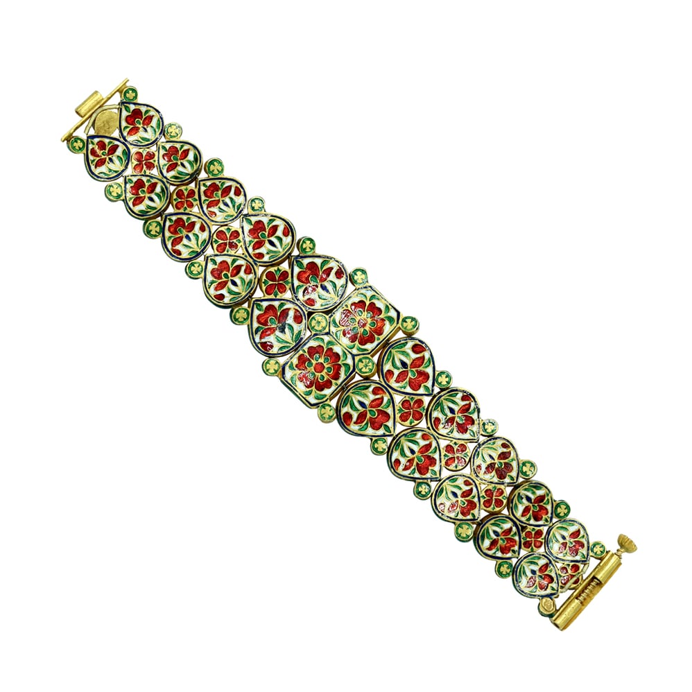 Polki Diamond Bracelet with Green Enamel Teardrop Motifs